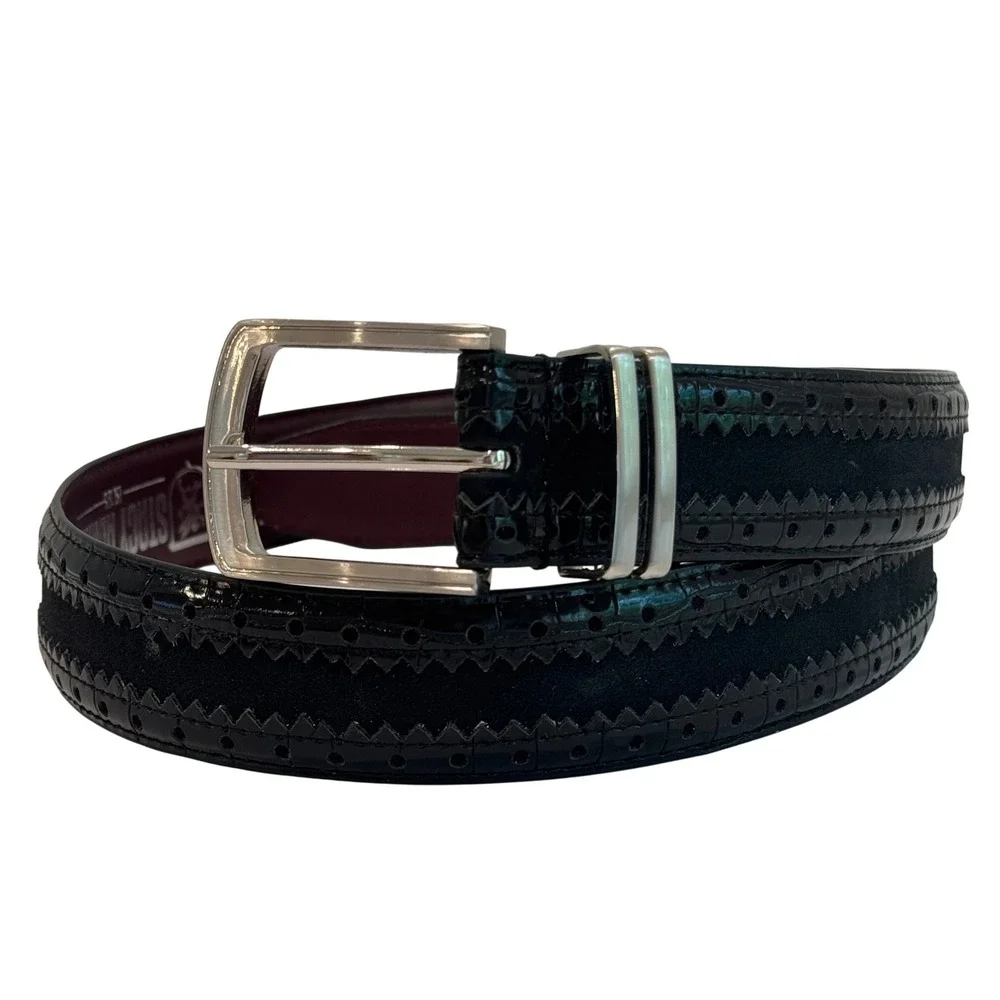 Stacy Adams Dress Belt Mens 34 Black‎ Croc Suede Brogue Detail SA537-001 Silver